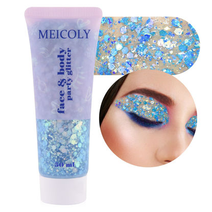Picture of MEICOLY Chameleon Mermaid Blue Body Glitter,Chunky Face Glitter Paint,Color Changing Mermaid Face Glitter Gel,Holographic Glitter Sequin for Face Body Hair,Festival Party Cheer Glitter Makeup,50ml