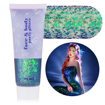 Picture of MEICOLY Chameleon Green Body Glitter,Chunky Glitter Face Paint,Color Changing Mermaid Face Glitter Gel,Holographic Glitter Sequin for Face Body Hair,Halloween Festival Party Glitter Makeup,50ml
