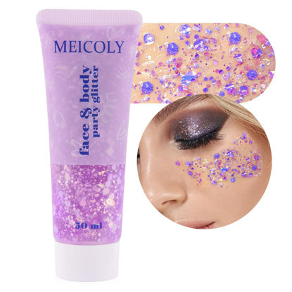 Picture of MEICOLY Chameleon Light Purple Body Glitter,Chunky Face Glitter Paint,Color Changing Mermaid Face Glitter Gel,Holographic Glitter Sequin for Face Body Hair,Festival Party Cheer Glitter Makeup,50ml