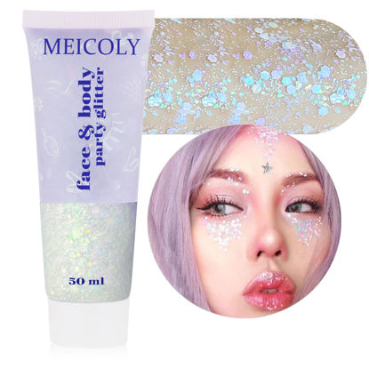 Picture of MEICOLY Chameleon Iridescent White Body Glitter,Chunky Face Glitter Paint,Color Changing Mermaid Face Glitter Gel,Opal Glitter Sequin for Face Body Hair,Halloween Festival Party Cheer Makeup,50ml