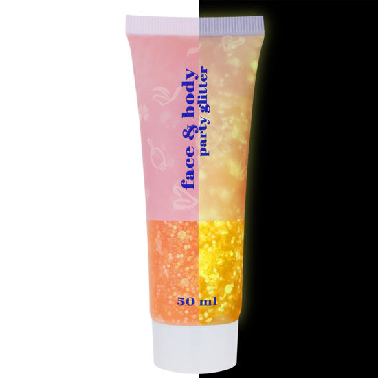 Picture of MEICOLY Neon Orange Body Glitter Gel,UV Blacklight Chunky Face Glitter Gel,Glow in The Dark Glitter Paint,Singer Concert Music Festival Party Rave Accessories,Halloween Glitter Makeup for Women,50ml