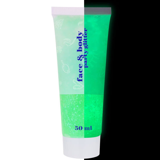 Picture of MEICOLY Neon Green Body Glitter Gel,UV Blacklight Chunky Face Glitter Gel,Glow in The Dark Glitter Paint,Singer Concert Music Festival Party Rave Accessories,Halloween Glitter Makeup for Women,50ml