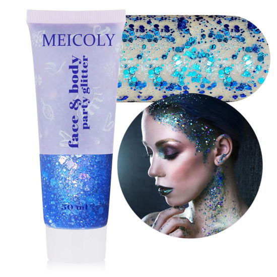 Picture of MEICOLY Chameleon Blue Body Glitter,Chunky Face Glitter Gel,Color Changing Mermaid Singer Concerts Glitter,Sparkling Glitter for Face Body Hair,Halloween Festival Party Glitter Makeup,50ml