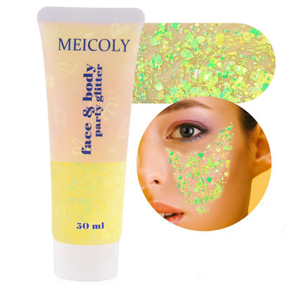 Picture of MEICOLY Chameleon Yellow Body Glitter,Chunky Face Glitter Paint,Color Changing Mermaid Face Glitter Gel,Holographic Glitter Sequin for Face Body Hair,Festival Party Cheer Glitter Makeup,50ml