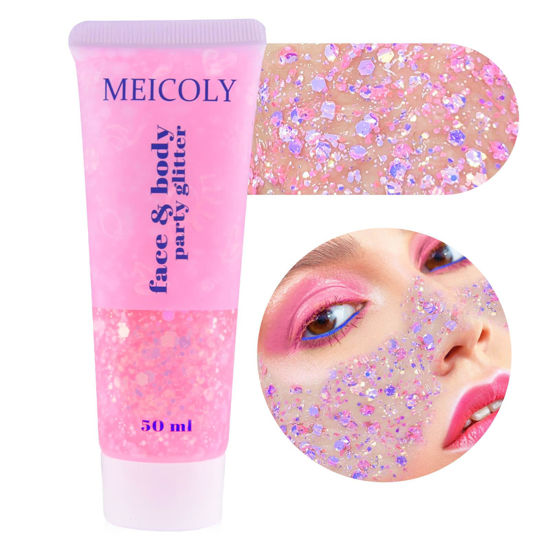 Picture of MEICOLY Chameleon Light Pink Body Glitter,Chunky Face Glitter Paint,Color Changing Mermaid Face Glitter Gel,Holographic Glitter Sequin for Face Body Hair,Festival Party Cheer Glitter Makeup,50ml