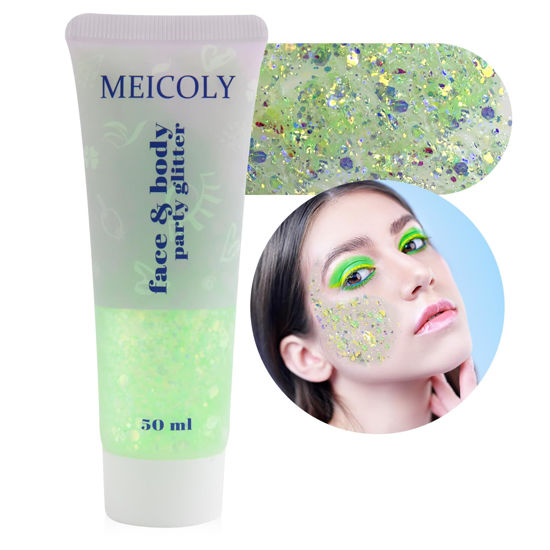 Picture of MEICOLY Chameleon Lime Green Body Glitter,Chunky Face Glitter Paint,Color Changing Mermaid Face Glitter Gel,Holographic Glitter Sequin for Face Body Hair,Festival Party Cheer Glitter Makeup,50ml
