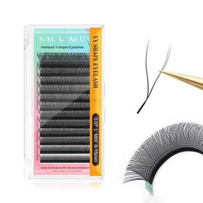 Picture of NAGARAKU yy Eyelash Extensions Supplies y lash 0.07mm L curl 8-15mm Mix Tray Premade Fans 4D Russian Volume Y Shape Faux Mink Matte 12 rows Cluster Wispies Crisscross Eye Lashes