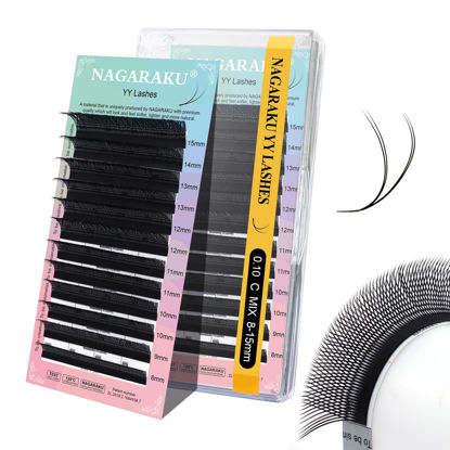 Picture of NAGARAKU YY Eyelash Extensions Supplies Y Lash 4D Easy Fan Russian Volume Crisscross YY Eyelashes Handwoven Y Shaped Mesh Wispy Clusters 12 Rows Pre Fanned Eye Lashes Black - 0.10C (8-15mm) Mix