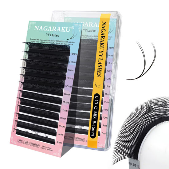 Picture of NAGARAKU YY Eyelash Extensions Supplies Y Lash 4D Easy Fan Russian Volume Crisscross YY Eyelashes Handwoven Y Shaped Mesh Wispy Clusters 12 Rows Pre Fanned Eye Lashes Black - 0.10C (8-15mm) Mix