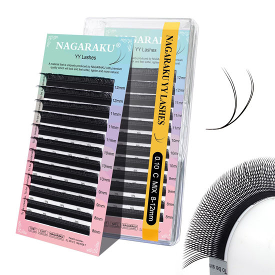 Picture of NAGARAKU YY Eyelash Extensions Supplies Y Lash 4D Easy Fan Russian Volume Crisscross YY Eyelashes Handwoven Y Shaped Mesh Wispy Clusters 12 Rows Pre Fanned Eye Lashes Black - 0.10C (8-12mm) Mix