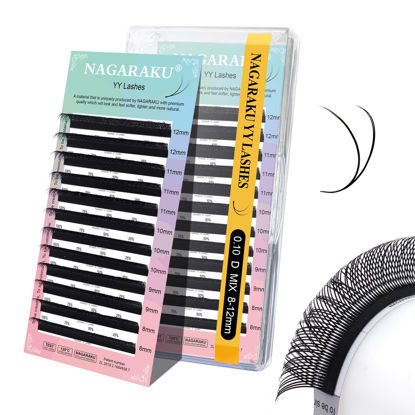 Picture of NAGARAKU YY Eyelash Extensions Supplies Y Lash 4D Easy Fan Russian Volume Crisscross YY Eyelashes Handwoven Y Shaped Mesh Wispy Clusters 12 Rows Pre Fanned Eye Lashes Black - 0.10D (8-12mm) Mix
