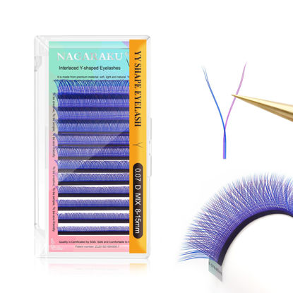 Picture of NAGARAKU yy Eyelash Extensions Blue + Purple Color y lash 0.07mm D curl Mix Tray 8-15mm Premade 4D Easy Fan Russian Volume Cluster 12 rows pre Fanned Eye Lashes