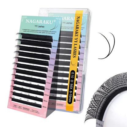 Picture of NAGARAKU YY Eyelash Extensions Supplies Y Lash 4D Easy Fan Russian Volume Crisscross YY Eyelashes Handwoven Y Shaped Mesh Wispy Clusters 12 Rows Pre Fanned Eye Lashes Black - 0.10D (8-15mm) Mix