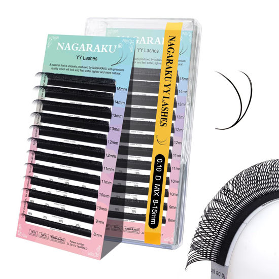 Picture of NAGARAKU YY Eyelash Extensions Supplies Y Lash 4D Easy Fan Russian Volume Crisscross YY Eyelashes Handwoven Y Shaped Mesh Wispy Clusters 12 Rows Pre Fanned Eye Lashes Black - 0.10D (8-15mm) Mix