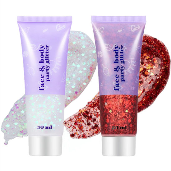 Picture of Go Ho Red and White Body Glitter Set,Singer Concerts Face Glitter Gel Makeup,Holographic Long Lasting Chunky Sequins Glitters for Eye Lip Hair Nails,Festival Rave Accessories,Red&White Glitter