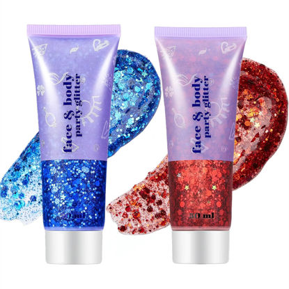 Picture of Go Ho Red and Blue Body Glitter Set,Singer Concerts Face Glitter Gel Makeup,Holographic Long Lasting Chunky Sequins Glitters for Eye Lip Hair Nails,Festival Rave Accessories,Blue&Red Glitter