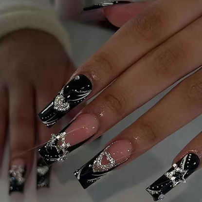 Picture of Foccna Press on Nails Long Rhinestone Pink Fake Nails Black Nails Square Bling Glossy 3D Flower False Nail Tips Artificial Nails Finger Manicure for Women and Girls-24pcs (Long Nails 2)