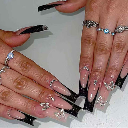 Picture of Foccna Press on Nails Long Rhinestone Pink Fake Nails Black Nails Square Bling Glossy 3D Flower False Nail Tips Artificial Nails Finger Manicure for Women and Girls-24pcs (Long Nails 1)