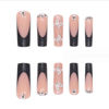 Picture of Foccna Press on Nails Long Rhinestone Pink Fake Nails Black Nails Square Bling Glossy 3D Flower False Nail Tips Artificial Nails Finger Manicure for Women and Girls-24pcs (Long Nails 1)