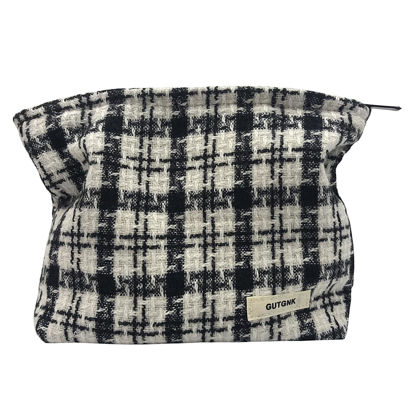 Picture of GUTGNK Corduroy Ladies Cosmetic Bag, Large Capacity Canvas Cosmetic Bag Travel Toiletry Bag Accessories Organizer, Black Check