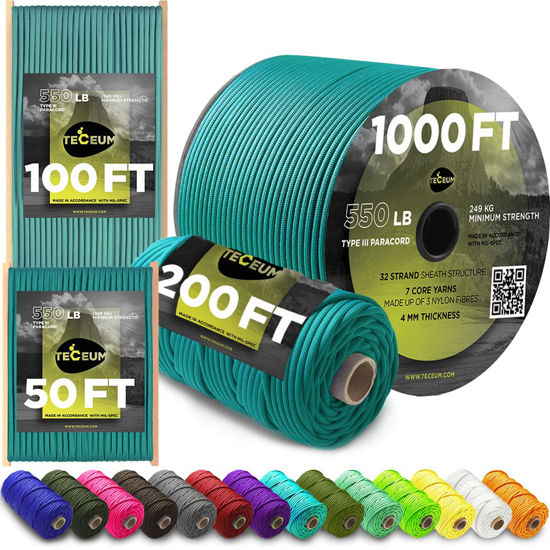 Picture of TECEUM Paracord Type III 550 Green Wave - 50 ft - 4mm - Tactical Rope MIL-SPEC - Outdoor para Cord - Camping Hiking Fishing Gear - EDC Parachute Cord - Strong Survival Rope 460 nw