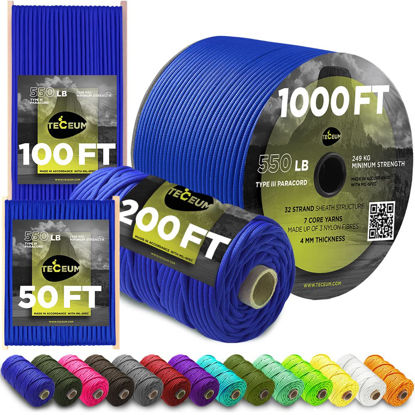 Picture of TECEUM Paracord Type III 550 Simple Blue - 50 ft - 4mm - Tactical Rope MIL-SPEC - Outdoor para Cord - Camping Hiking Fishing Gear - EDC Parachute Cord - Strong Survival Rope 001