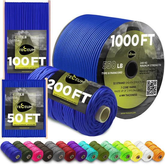 Picture of TECEUM Paracord Type III 550 Simple Blue - 50 ft - 4mm - Tactical Rope MIL-SPEC - Outdoor para Cord - Camping Hiking Fishing Gear - EDC Parachute Cord - Strong Survival Rope 001