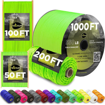 Picture of TECEUM Paracord Type III 550 Neon Green - 50 ft - 4mm - Tactical Rope MIL-SPEC - Outdoor para Cord - Camping Hiking Fishing Gear - EDC Parachute Cord - Strong Survival Rope 462