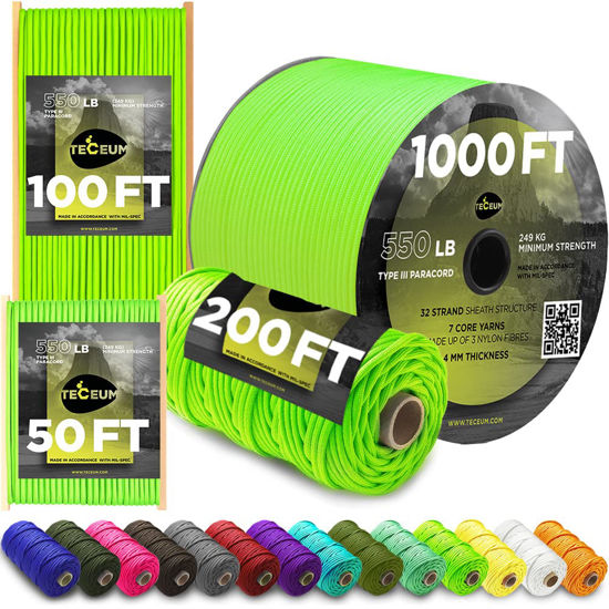 Picture of TECEUM Paracord Type III 550 Neon Green - 50 ft - 4mm - Tactical Rope MIL-SPEC - Outdoor para Cord - Camping Hiking Fishing Gear - EDC Parachute Cord - Strong Survival Rope 462