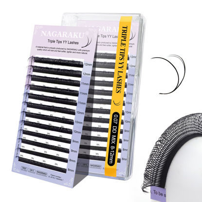 Picture of NAGARAKU 3 Tips Triple yyy Eyelash Extensions Supplies Y Lash 6D Easy Fan Russian Volume Crisscross Eyelashes Handwoven Y Shaped Mesh Wispy Clusters 12 Rows Eye Lashes Black -0.07DD (8-12mm) Mix