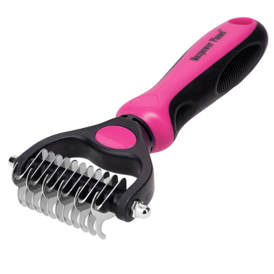 Picture of Maxpower Planet Pet Grooming Brush - Double Sided Shedding, Dematting Undercoat Rake for Dogs, Cats. Extra Wide Dog Grooming Brush, Dog Brush for Shedding, Cat Brush, Reduce Shedding by 95% (Pink, S)