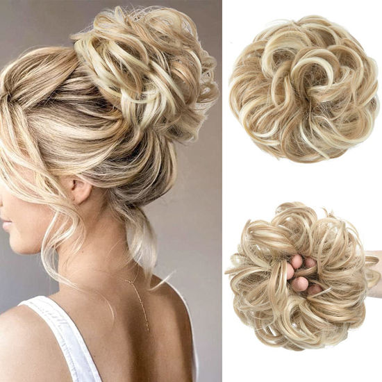 Picture of CJL HAIR Large Messy Bun Hair Piece Wavy Curly Scrunchies Synthetic Chignon Ponytail Hair Extensions Thick Updo Hairpieces for Women (Wavy, Curly, Dirty Blonde)