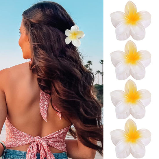 Picture of GQLV Flower Hair Claw Clips-4PCS Large Claw Clips for Thick/Thin Hair Claws,Strong Hold Nonslip Cute Hair Clips for Women Girls,Hawaiian Hair Accessories Holiday Gifts (H-4pcs white flower)