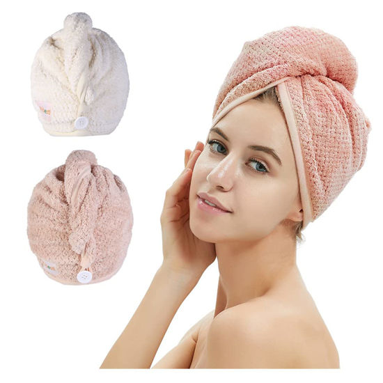Picture of M-bestl 2 Pack Microfiber Hair Towel Wrap,Hair Drying Towel with Button, Towel Turban,Head Towel to Dry Hair Quickly (Pink&Beige)