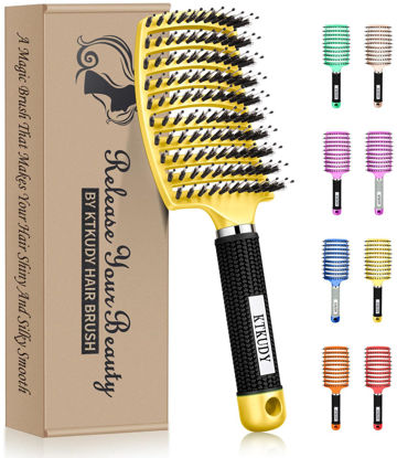 Picture of KTKUDY Detangling Brush Boar Bristles Hair Brush Make Hair Shiny & Healthier Curved and Vented Detangler Brush for Women Men Kids Wet and Dry Hair (Yellow)