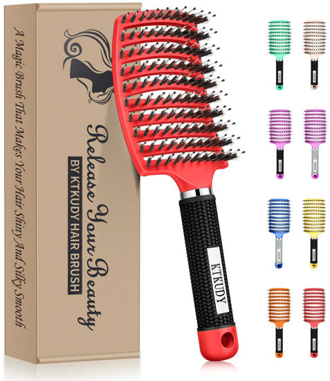 Picture of KTKUDY Detangling Brush Boar Bristles Hair Brush Make Hair Shiny & Healthier Curved and Vented Detangler Brush for Women Men Kids Wet and Dry Hair (Red)
