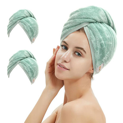 Picture of M-bestl 2 Pack Microfiber Hair Towel Wrap,Hair Drying Towel with Button, Hair Towel Turban,Head Towel to Dry Hair Quickly (Green&Green)