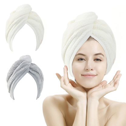 Picture of M-bestl 2 Pack Hair Towel Wrap,Absobent Hair Drying Towel with Buttons, Microfiber Hair Towel Wrap to Dry Hair Quickly (Beige&Gray)