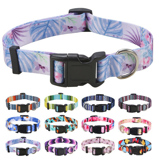 Picture of Mihqy Dog Collar with Bohemia Floral Tribal Geometric Patterns - Soft Ethnic Style Collar Adjustable for Small Medium Large Dogs (Purple Flower, L