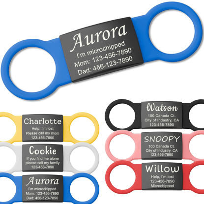 Picture of Anavia Slide On Silent Pet ID Tags, S/M/L/XL Personalized Black Stainless Steel Colored Silicone Cat Dog Name Tag, Customized Engraved Nameplate, Quiet Chew-Proof Pet Collar Tag (Blue, Medium)
