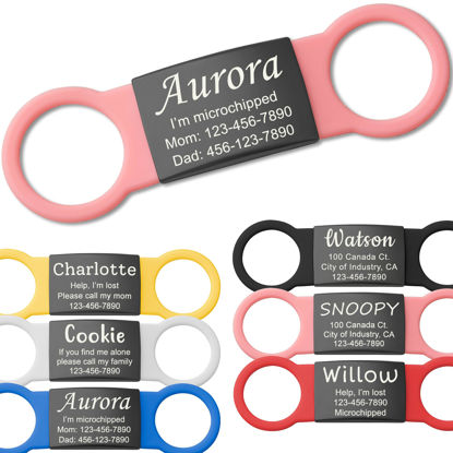 Picture of Anavia Slide On Silent Pet ID Tags, S/M/L/XL Personalized Black Stainless Steel Colored Silicone Cat Dog Name Tag, Customized Engraved Nameplate, Quiet Chew-Proof Pet Collar Tag (Pink, Small)
