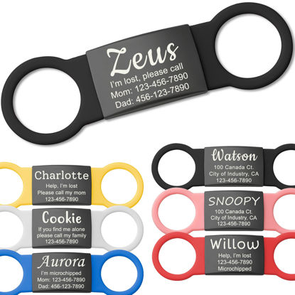 Picture of Anavia Slide On Silent Pet ID Tags, S/M/L/XL Personalized Black Stainless Steel Colored Silicone Cat Dog Name Tag, Customized Engraved Nameplate, Quiet Chew-Proof Pet Collar Tag (Black, X-Large)