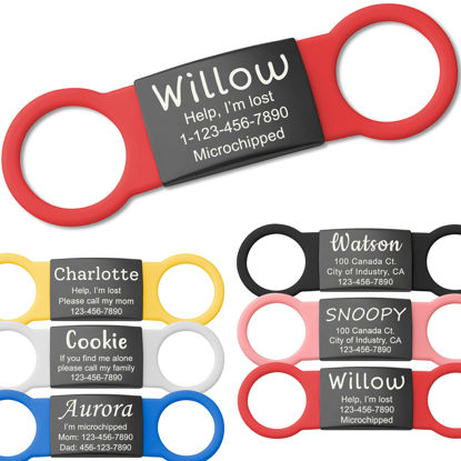 Picture of Anavia Slide On Silent Pet ID Tags, S/M/L/XL Personalized Black Stainless Steel Colored Silicone Cat Dog Name Tag, Customized Engraved Nameplate, Quiet Chew-Proof Pet Collar Tag (Red, Large)