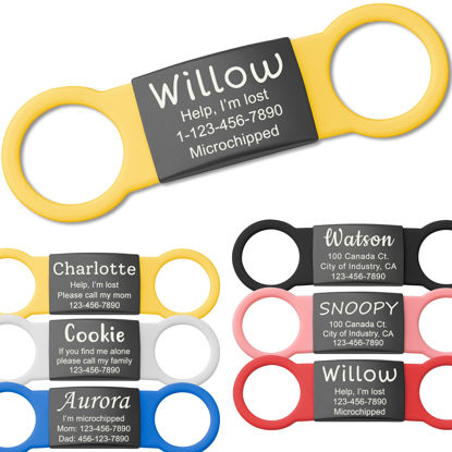 Picture of Anavia Slide On Silent Pet ID Tags, S/M/L/XL Personalized Black Stainless Steel Colored Silicone Cat Dog Name Tag, Customized Engraved Nameplate, Quiet Chew-Proof Pet Collar Tag (Yellow, Medium)
