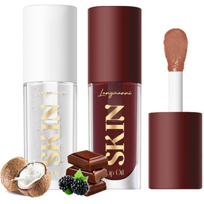 Picture of LANGMANNI Moisturizing Lip Oil,No-Sticky Lip Gloss Lip Balm Lip Care,Fruit Flavoured Lip Oil For Dry Lip's Moisturizing Hydrating And Nourishing ((Chocolate+Coco))