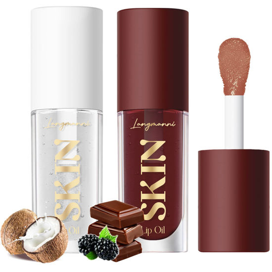 Picture of LANGMANNI Moisturizing Lip Oil,No-Sticky Lip Gloss Lip Balm Lip Care,Fruit Flavoured Lip Oil For Dry Lip's Moisturizing Hydrating And Nourishing ((Chocolate+Coco))