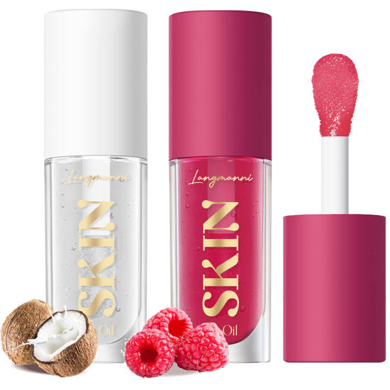 Picture of LANGMANNI Moisturizing Lip Oil,No-Sticky Lip Gloss Lip Balm Lip Care,Fruit Flavoured Lip Oil For Dry Lip's Moisturizing Hydrating And Nourishing ((Raspberry+Coco))