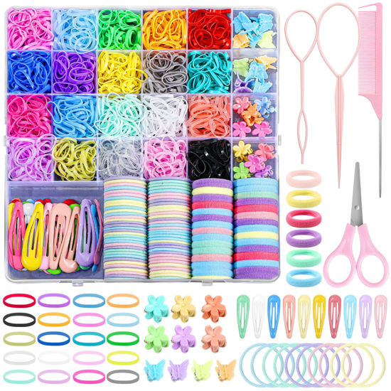 Picture of auroray Hair Accessories for Girl, 1543 Pcs Elastic Hair Rubber Bands Set 20 Colors Elastic Hair Ties with Organizer Box Cotton Baby Hair Ties, Hair Tail Tools, Rat Tail Comb, Butterfly Hair Clips