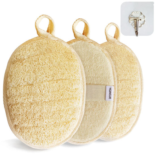 Picture of Natural Loofah Sponge Exfoliating Body Scrubber (3 Pack),Made with Eco-Friendly and Biodegradable Shower Luffa Sponge, Loofah for Women and Men, Beige