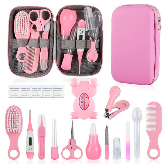 Picture of Baby Grooming Kit, Infant Safety Care Set with Hair Brush Comb Nail Clipper Nasal Aspirator,Baby Essentials Kit for Newborn Girls Boys (Pink Baby Grooming kit)